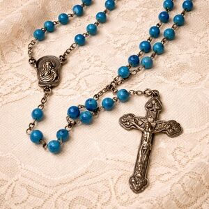 Estate Blue Beaded Necklace with Silver Cross